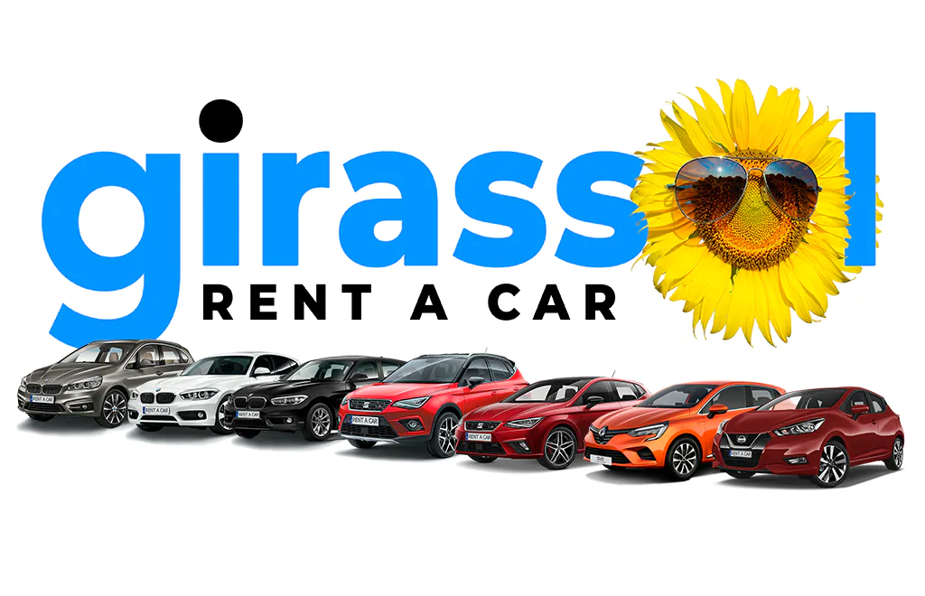 Banner with the Girassol.Rent company logo and cars standing in a row under the logo, cars for car rental on the island of Madeira from the company’s fleet