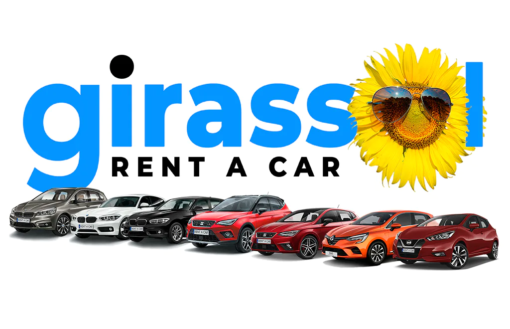 Banner with the Girassol.Rent company logo and cars standing in a row under the logo, cars for car rental on the island of Madeira from the companyâ€™s fleet