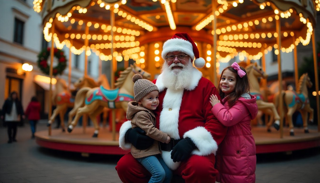 kids with Santa Claus in front of colorful French carousel, holiday Funchal Christmas Village 2026