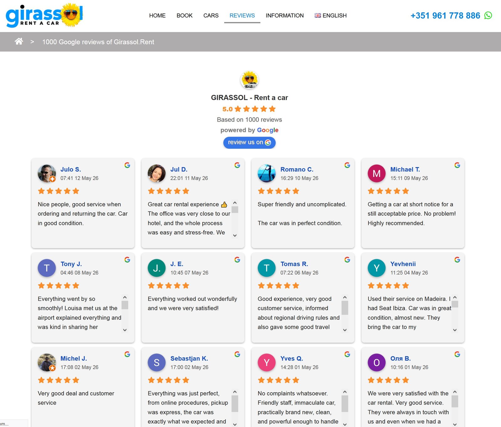 Girassol.Rent car - 1000 reviews of Google