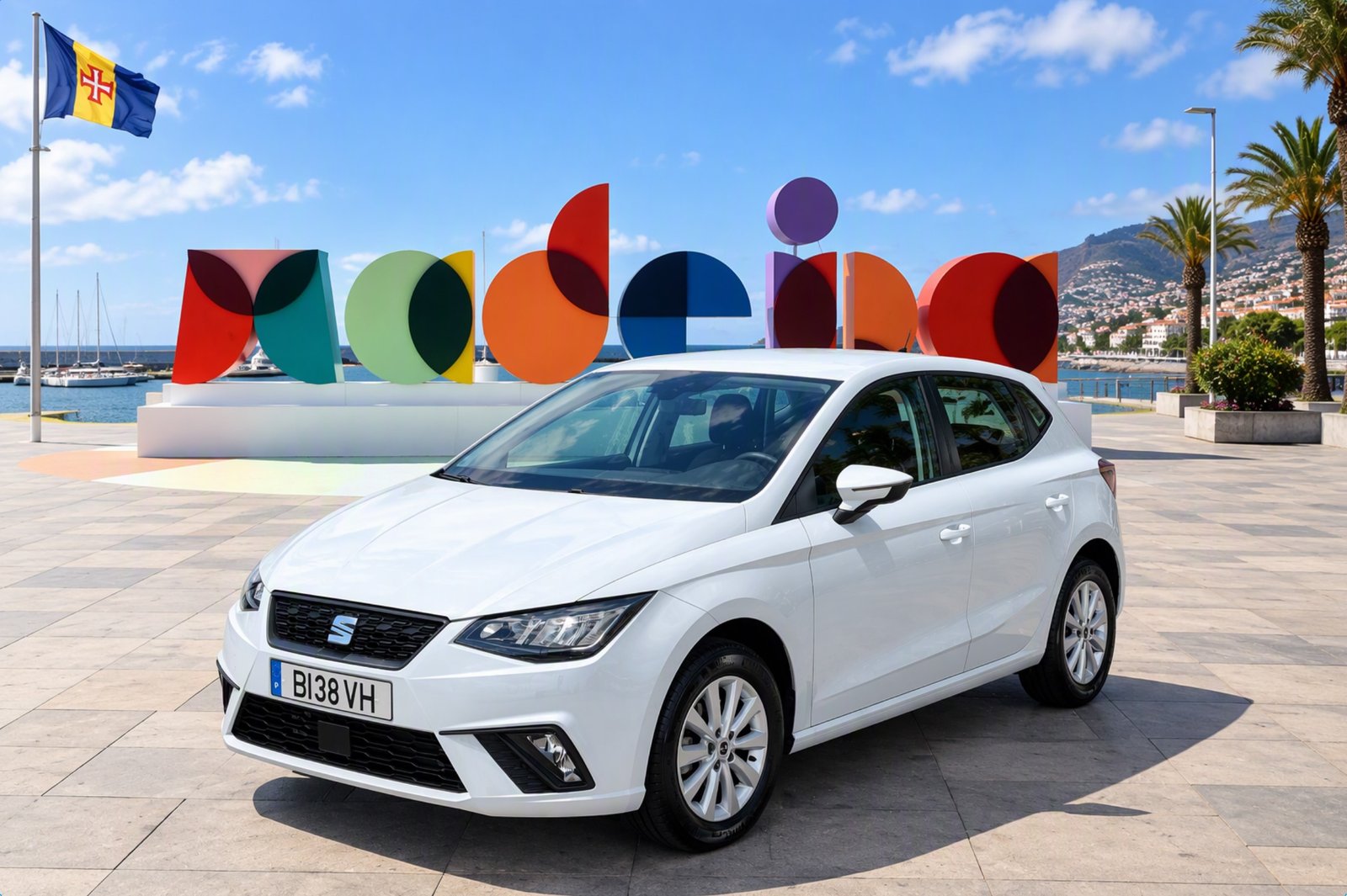 Choosing a Car Hire Company in Madeira: What Actually Matters 1 Choosing a Car Hire Company in Madeira: A white SEAT Ibiza on the Funchal promenade, with a three-dimensional colored installation behind it saying "Madeira"